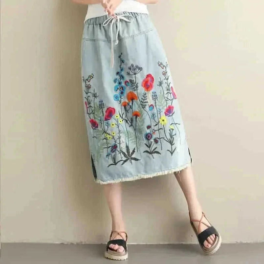 plus size embroidered denim skirt | heavy embroidery maxi skirt | ethnic style denim skirt | ultrasonic cleaning