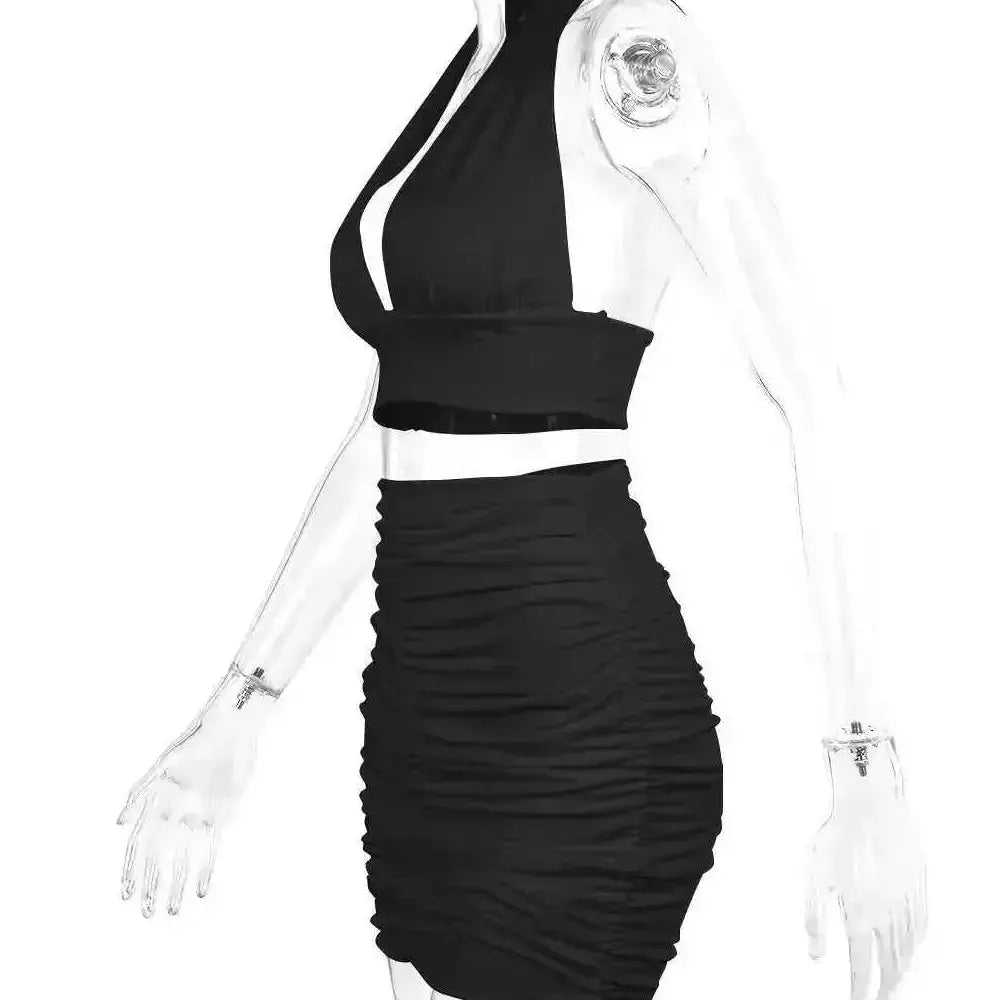 2pcs Dress Suits For Women Halter Lace-up Hip Top And Pleated Hip-covering Skirt - back view (material: lace, polyester |...