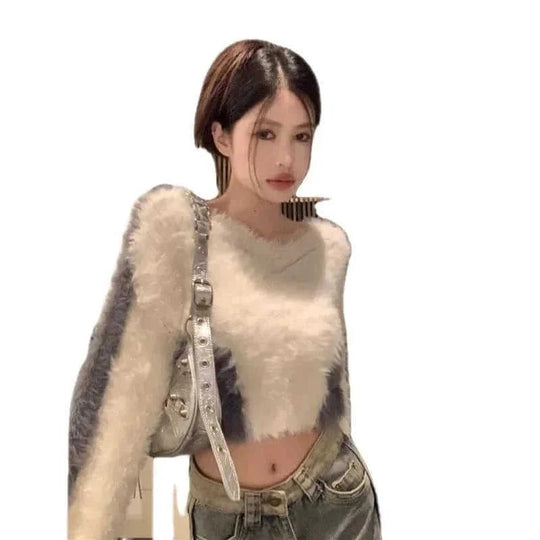 mink fur blend sweater | v-neck short sleeve top | soft acrylic knitwear | ultrasonic cleaning
