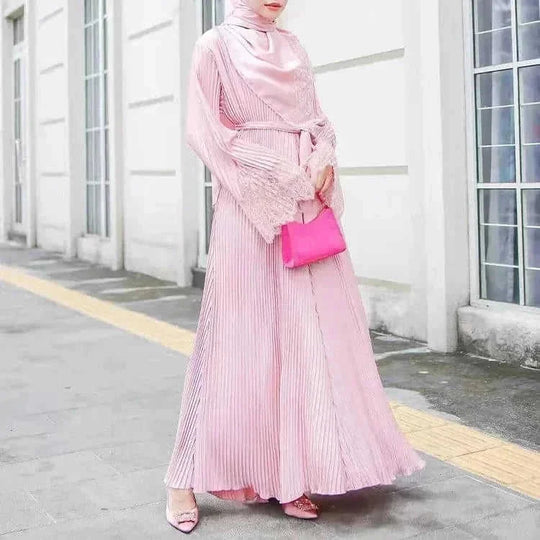 modest lace abaya | pleated kaftan dress | long sleeve prayer dress | ultrasonic cleaning