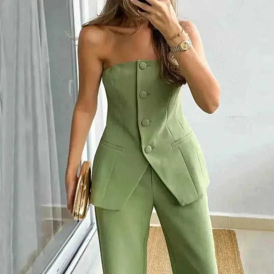 tube top and pants set | polyester spandex fabric | sleeveless button down top | ultrasonic cleaning