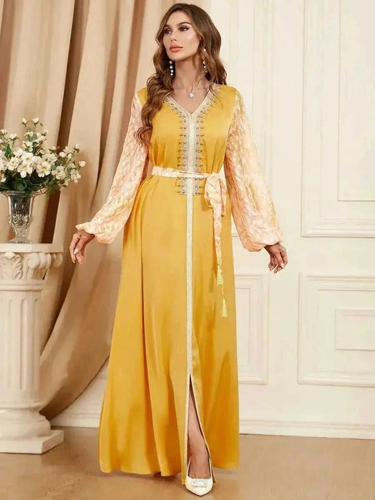 patchwork embroidery dress | long sleeve maxi dress | puff sleeve arabic dress | energy saving