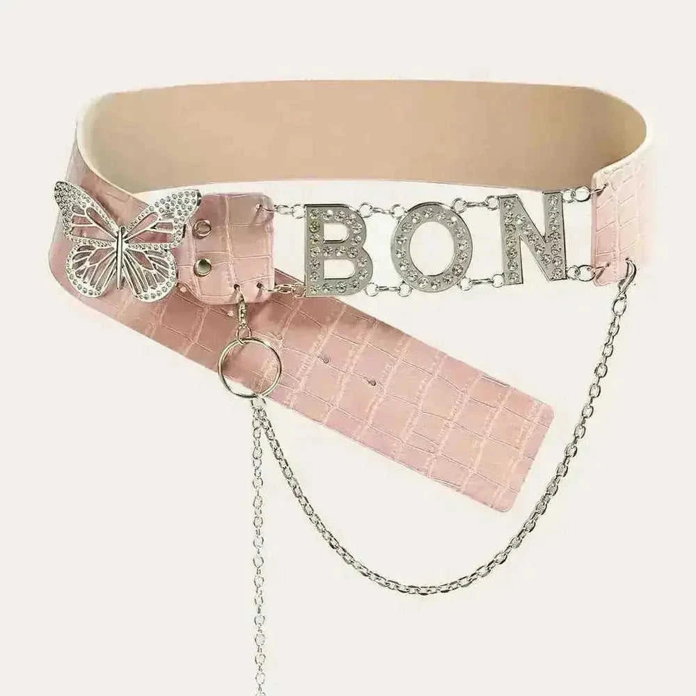 American Retro Decoration Butterfly Drill Buckle Personality Belt - close-up detail (material: leather | color: pink |...