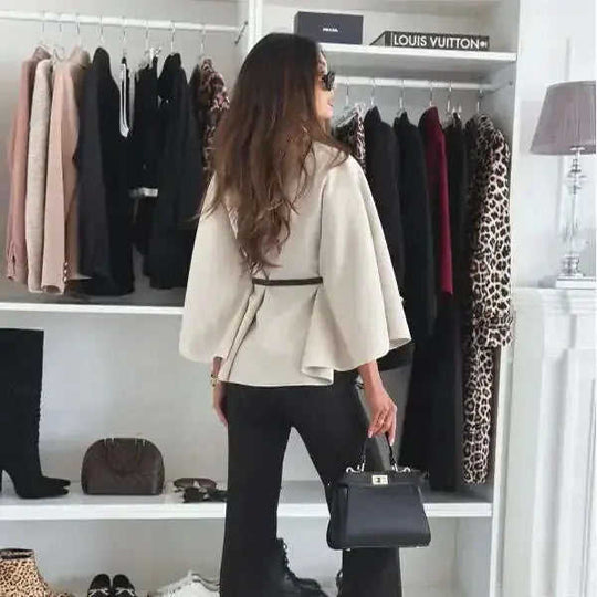 New Stand Collar Batwing Sleeves Cloak Top With Belt Ins Fashion Temperament Jacket Woolen Sweater Outwear For Women Cloth...