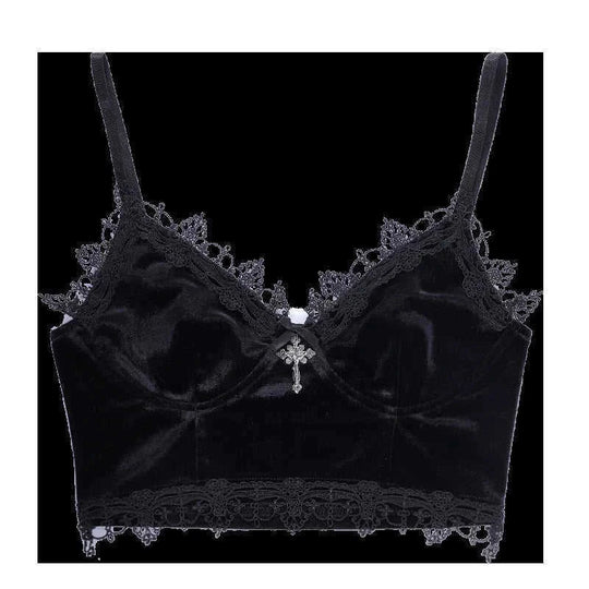 black velvet crop top | lace trim emo top | y2k goth fashion | ultrasonic cleaning