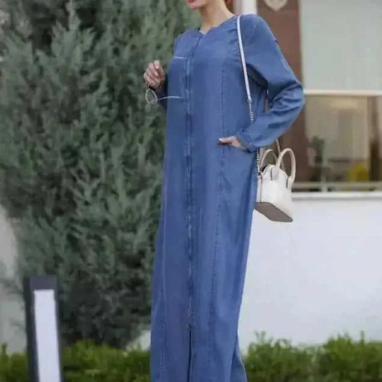 long sleeve denim dress | arabic style dress | zipper stitching details | ultrasonic cleaning