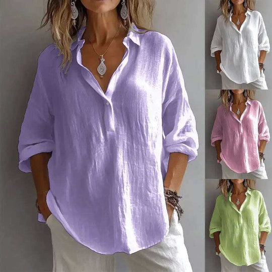 Fashion Long-sleeved Lapel Pullover Shirt Casual Loose Solid Color T-shirt Tops Women's Clothing Meifu Market