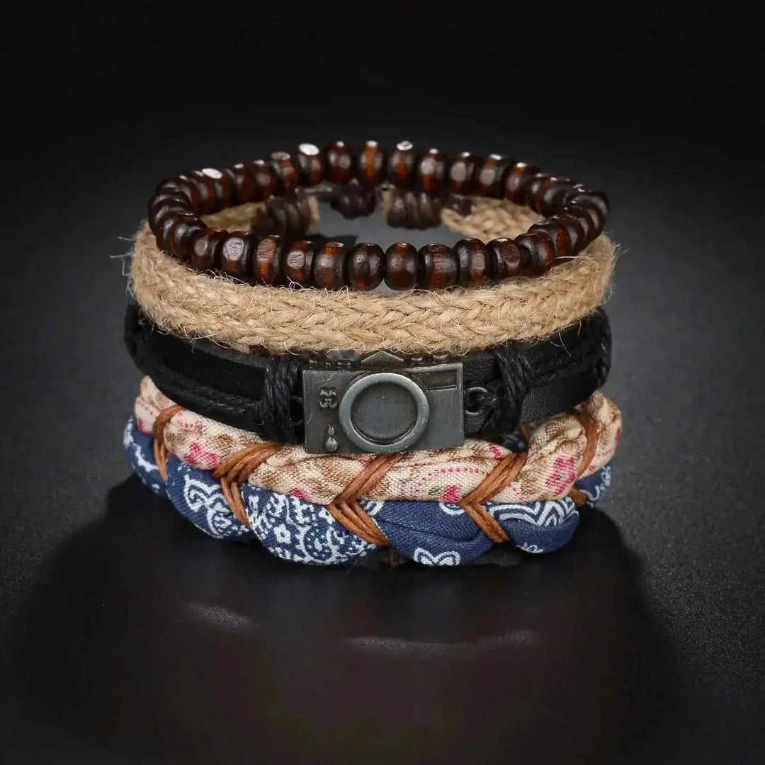 braided leather bracelet for men | vintage charm wood beads | adjustable wrap wristband | ultrasonic cleaning