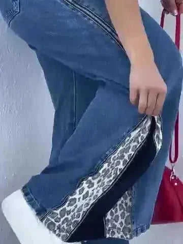 leopard print jeans | high-waisted zip-up jeans | stretch denim fabric | energy saving