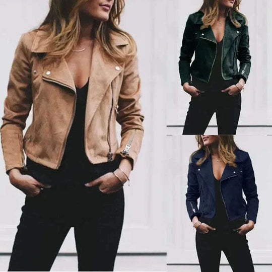 European And American Solid Color Women's Lapel Diagonal Zipper Short Jacket Meifu Market