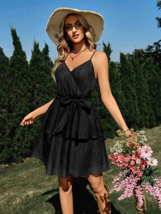stretch fabric v-neck dress | adjustable waist strap dress | midi length summer dress | energy saving