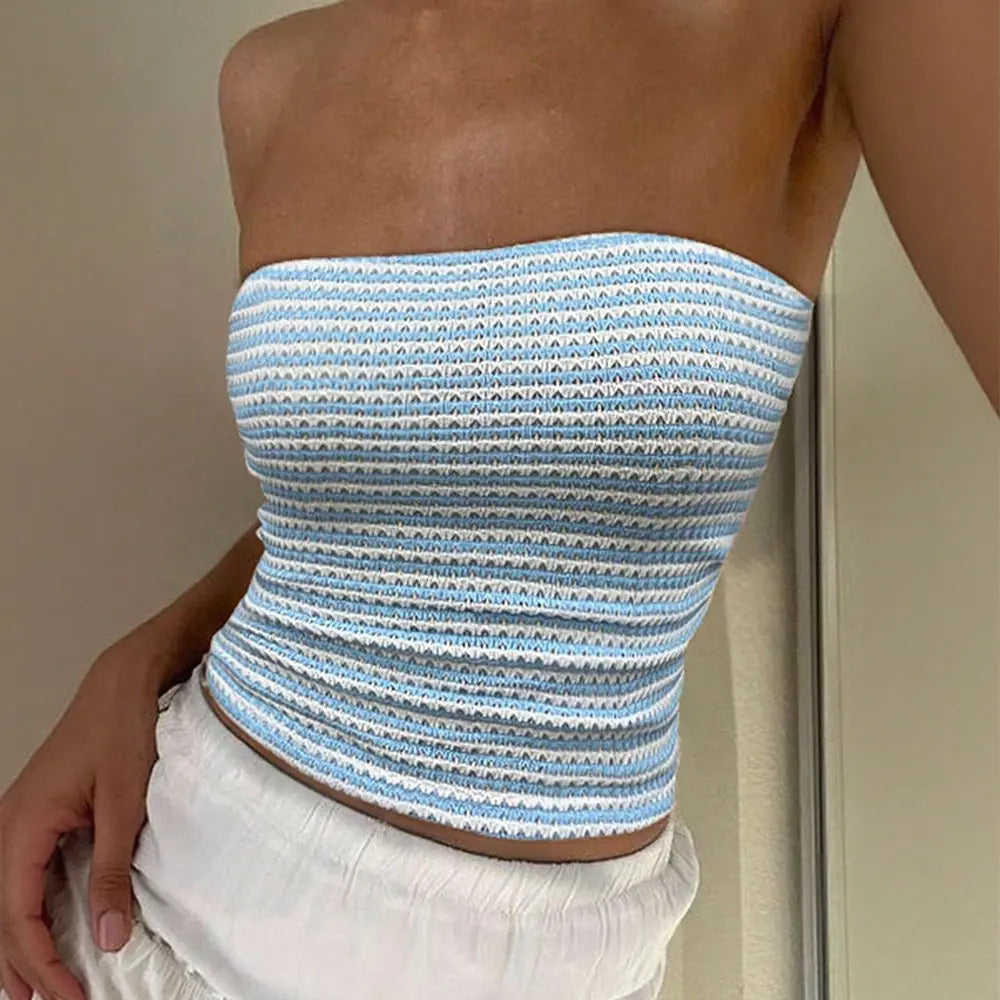 Blue And White Striped Strapless Sleeveless Off-shoulder Cropped Tank Top L - women female clothes-blue and white striped ...