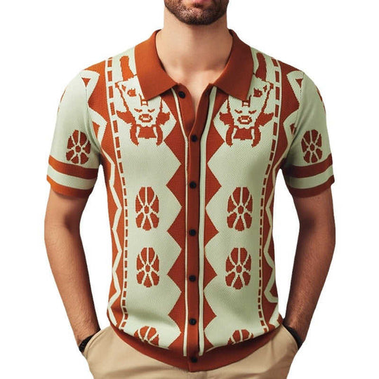 Jacquard Knit Lapel Polo — Men's Open Collar Smart Casual