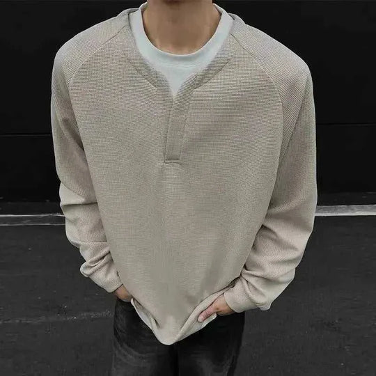 Contrast Colors False-two-piece Trendy V-neck Waffle Sweater Casual All-matching Tops Black - color variant display