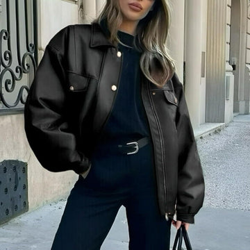 Women's Leather Jacket Loose Long Sleeve Lapel Motorcycle Jacket Meifu Market