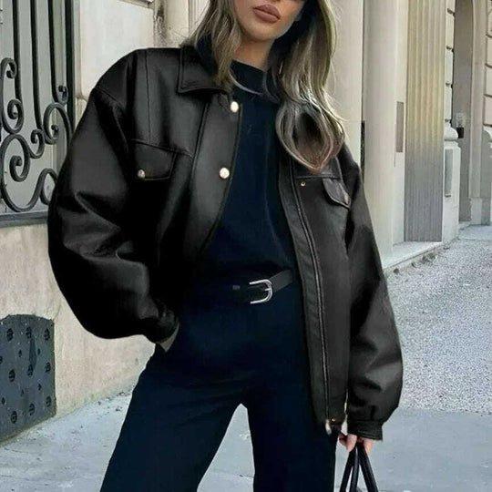 Women's Leather Jacket Loose Long Sleeve Lapel Motorcycle Jacket Meifu Market