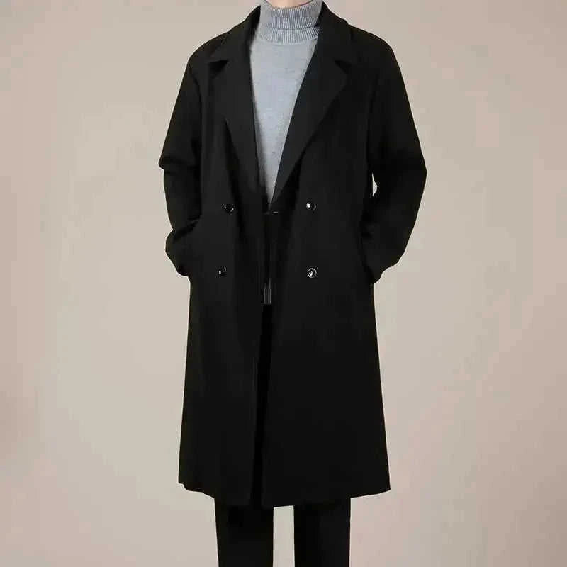 wool blend trench coat | mid-length winter coat | korean style overcoat | energy saving