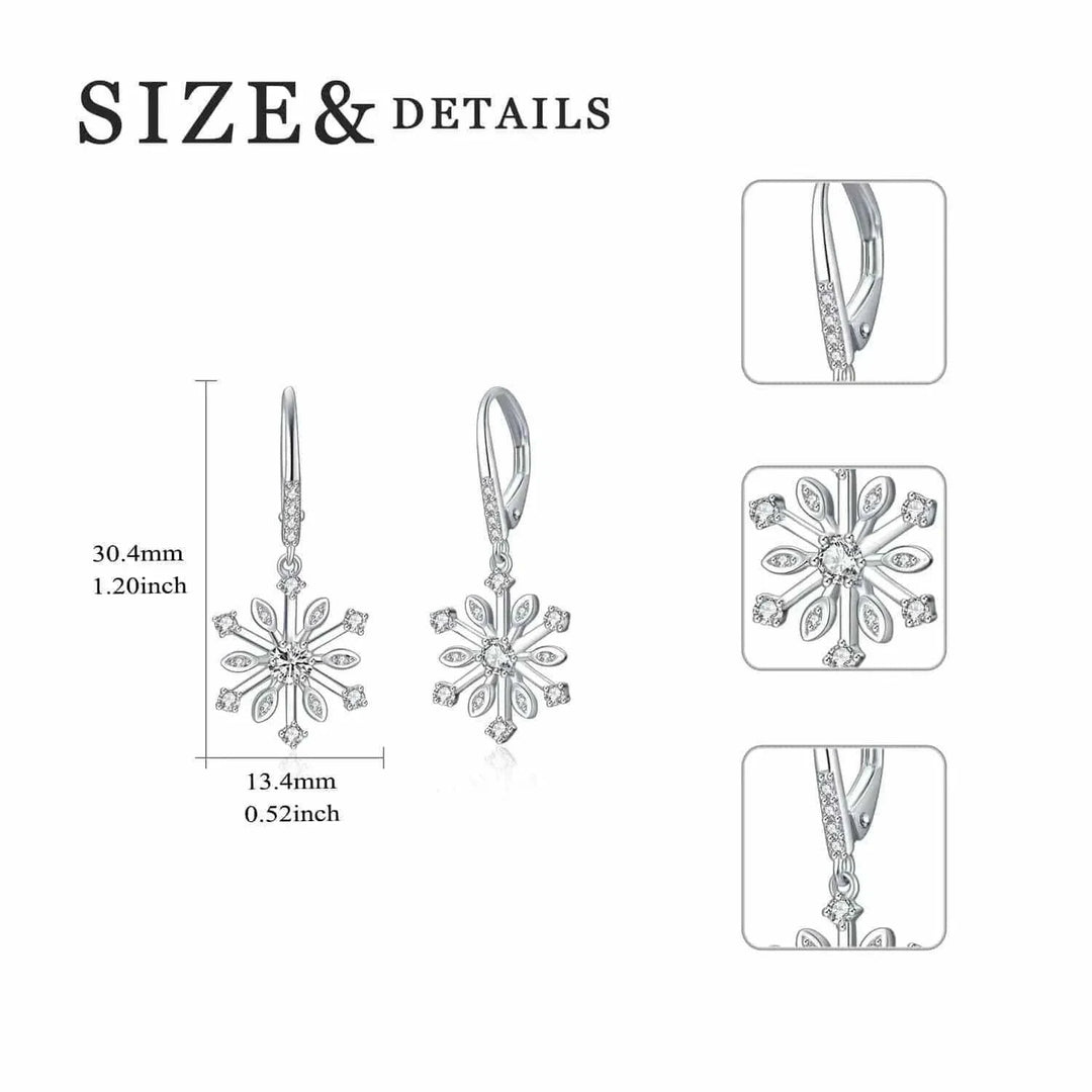 sterling silver leverback earrings | zirconia snowflake dangle earrings | hypoallergenic silver jewelry | energy saving