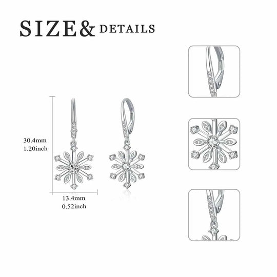sterling silver leverback earrings | zirconia snowflake dangle earrings | hypoallergenic silver jewelry | energy saving