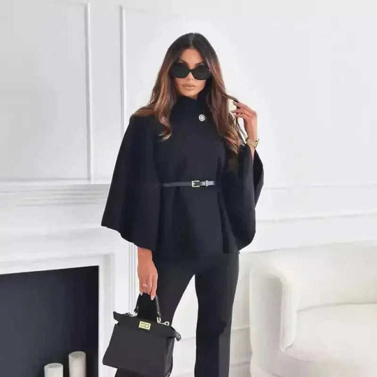 New Stand Collar Batwing Sleeves Cloak Top With Belt Ins Fashion Temperament Jacket Woolen Sweater Outwear For Women Cloth...