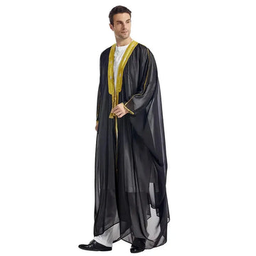 long sleeve chiffon robe | embroidered mens arabic robe | golden ball tassel details | energy saving