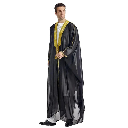 long sleeve chiffon robe | embroidered mens arabic robe | golden ball tassel details | energy saving