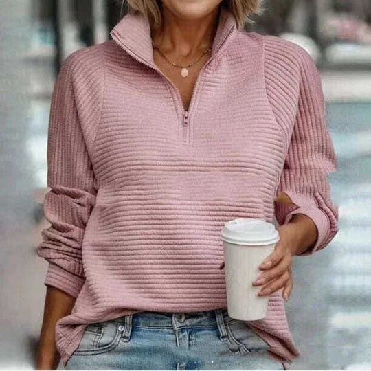 Zipper Stand Collar Pullover Sweatshirt Fashion Solid Striped Long Sleeve Top Spring And Autumn Women's Clothing Meifu Market