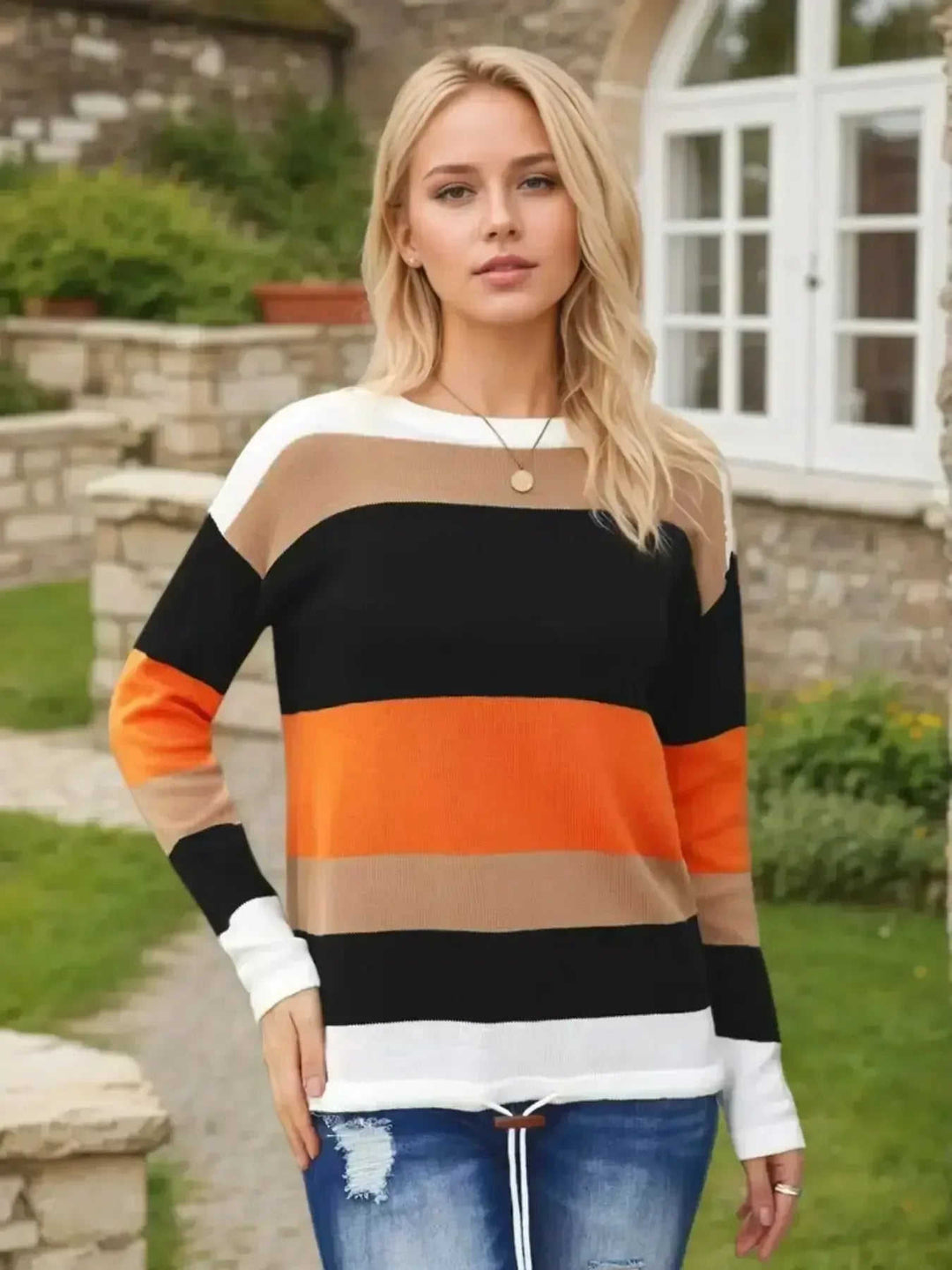 2025 Novel And Cute Style Round Neck Striped Women's Fashion Clothing Color Blocked Hoodie Autumn Sweater Women's Clothing - Meifu Market