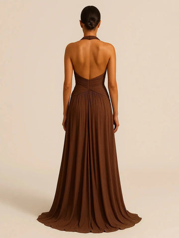 brown halter maxi dress | halter back maxi dress | long halter neck dress | energy saving