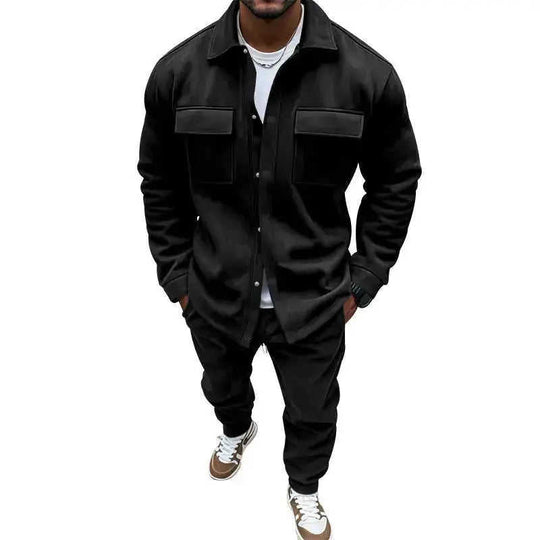 Men's Suede Solid Color Single-breasted Tooling Cardigan Two-piece Set Meifu Market