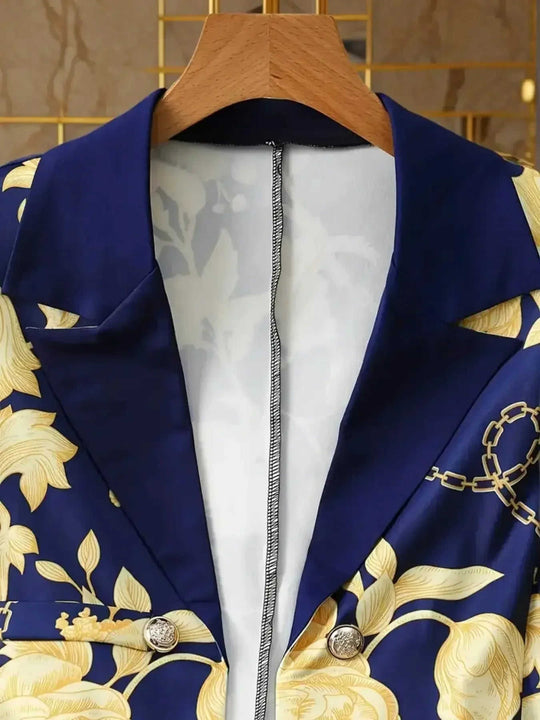 2025 New Women's Elegant High-end Printed, Chain Printed Slim Fit Suit Jacket And Pure Blue Leggings, Suit Two-piece Set, Machine Washable, All Season Fashionable Meifu Market