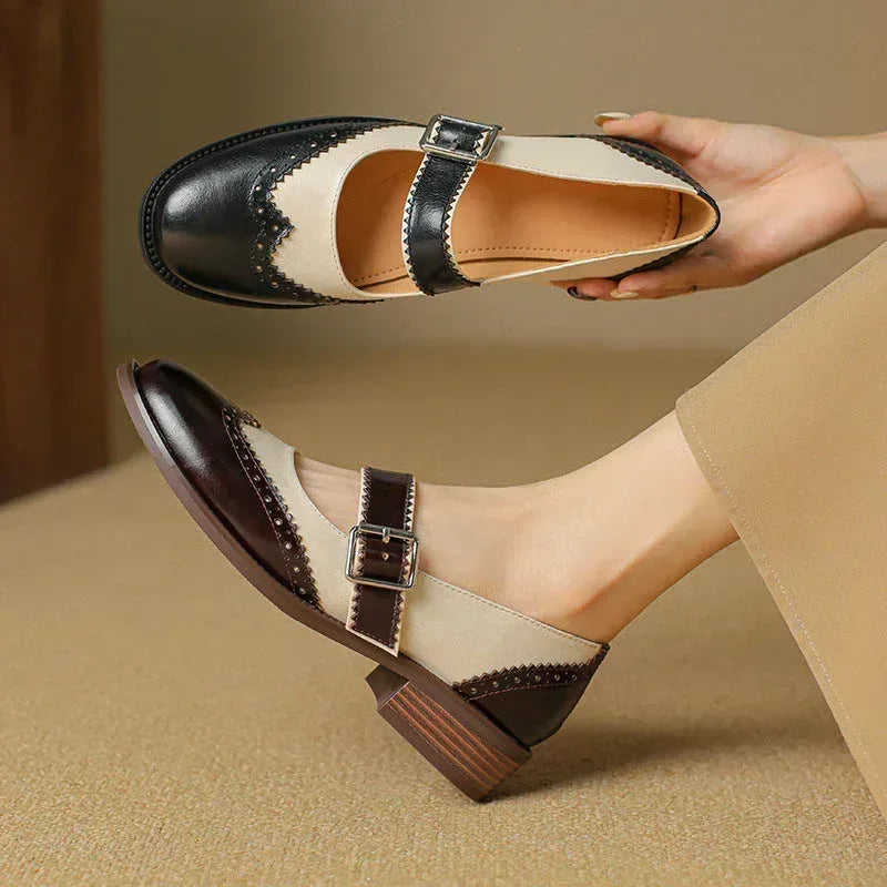 Square Head Female Color-blocking Leather Shoes Middle Documentary Meifu Market