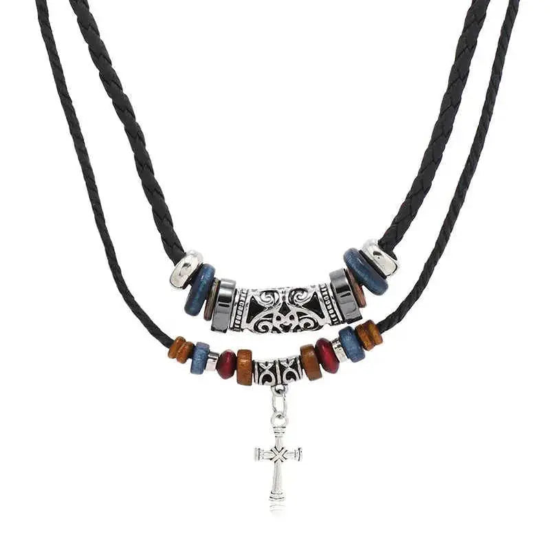 Gothic Layered Necklace - Vintage Coin Pendant Leather Beaded Prayer Jewelry 45505 - in use demonstration