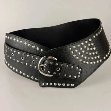 asymmetric belt with rivets | wide leather waist belt | sewing leather belt | ultrasonic cleaning