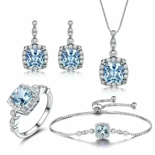 925 Sterling Silver Sky Blue Topaz Jewelry Set - 4 Piece - lifestyle (color: blue, silver | pattern: check)