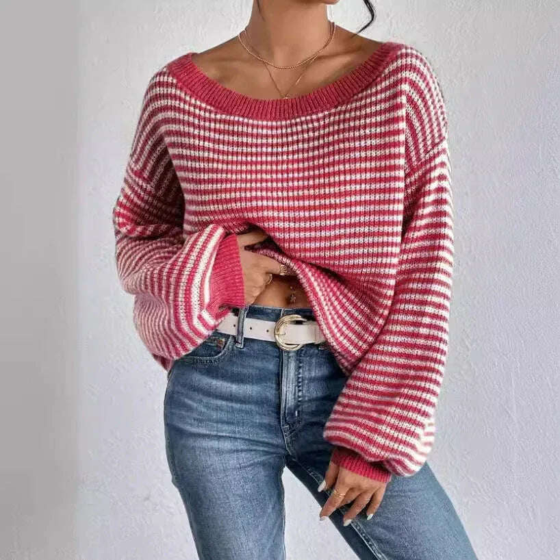 Women's Off-neck Shoulder-baring Sweater Contrast Color Meifu Market