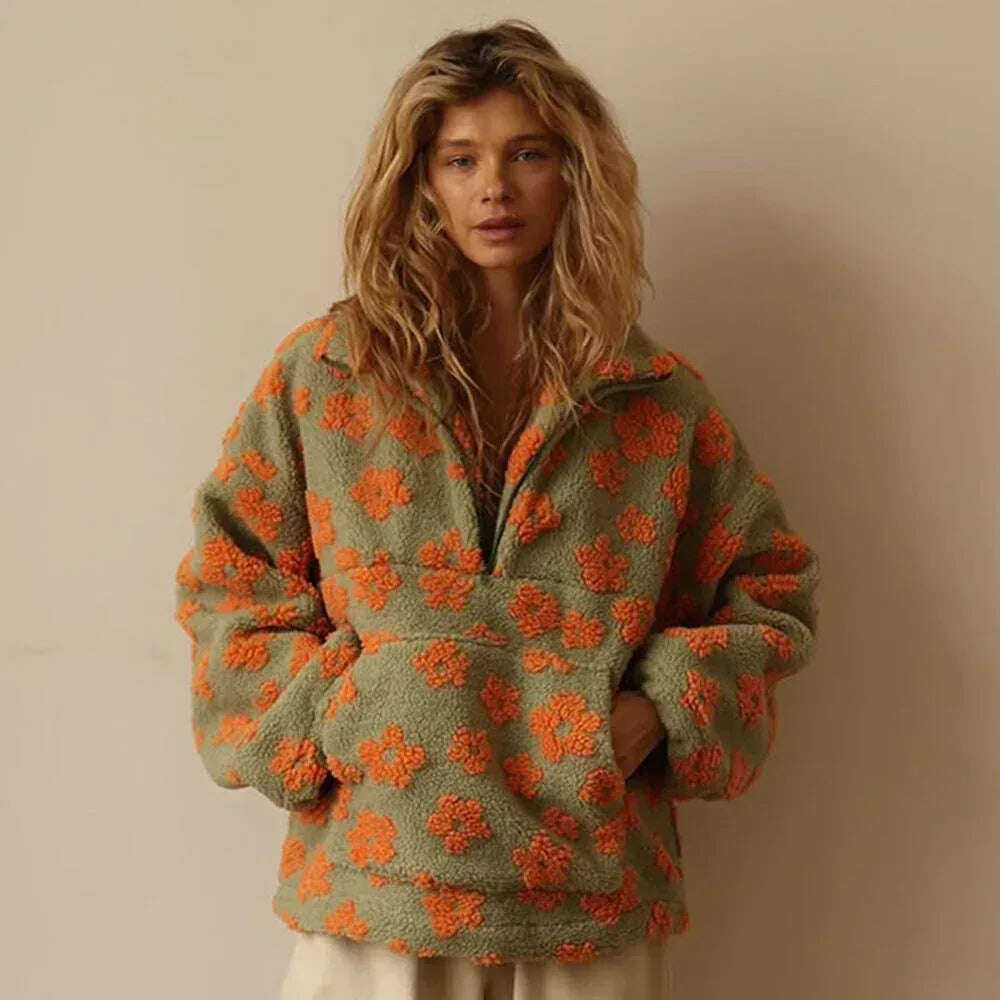 Winter Flowers Lambskin Sweatshirt With Big Pocket Casual Loose Zip-up Lapel Pullover Top Women's Clothing Meifu Market