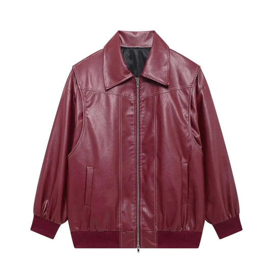 Loose Fashion Lapel Zip-up Jacket Cool Long Sleeve Zipper Closure Moto Biker Leather Jacket Womens Clothing Meifu Market