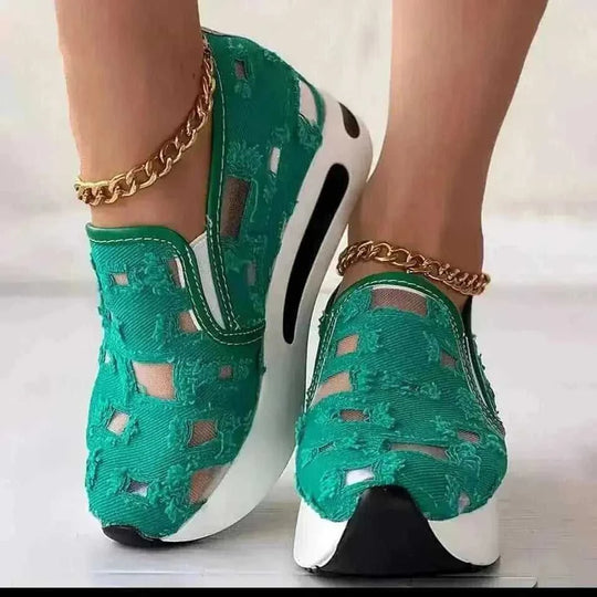 hollow out canvas shoes | 6cm heel height | breathable mesh flats | ultrasonic cleaning