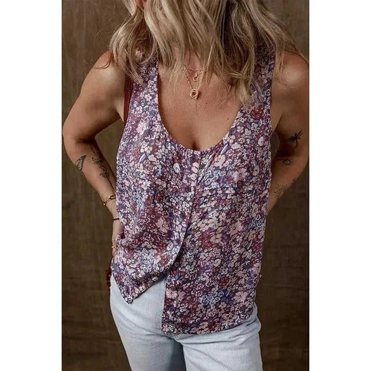 pleated u-neck vest | printed sleeveless top | lightweight breathable fabric | energy saving