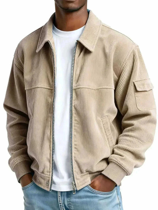 Men's Retro Corduroy Jacket - Casual Long Sleeve Pocket Coat Navy Blue - lifestyle usage image