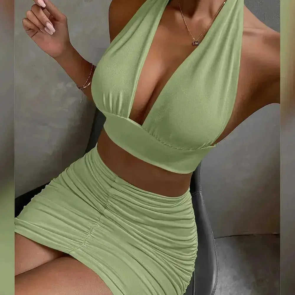 2pcs Dress Suits For Women Halter Lace-up Hip Top And Pleated Hip-covering Skirt - view 8 (material: lace, polyester |...