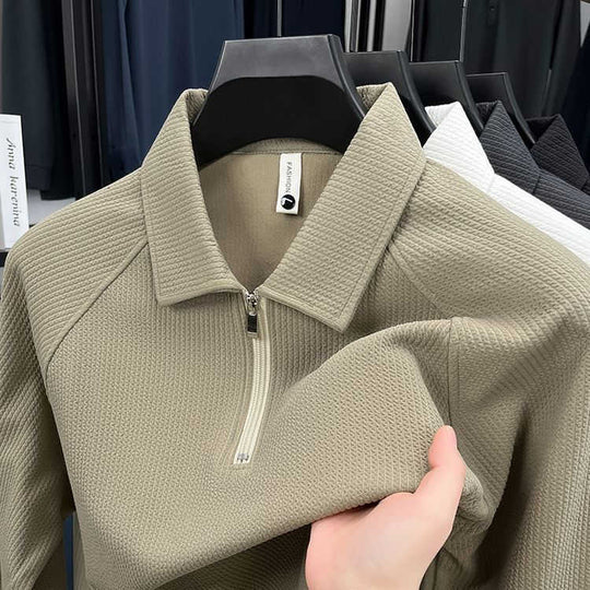 Waffle Polo Half-Zip — Men's Relaxed Long Sleeve Layering Shirt
