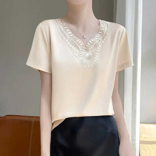 Acetate V-Neck Loose Short-Sleeve Top - Women's Commute Style - close-up detail (material: denim, silk | color: white,...