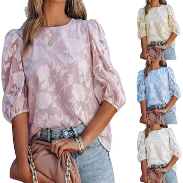 Women's Puff Sleeve Chiffon Loose Top Flower Texture Shirt Meifu Market