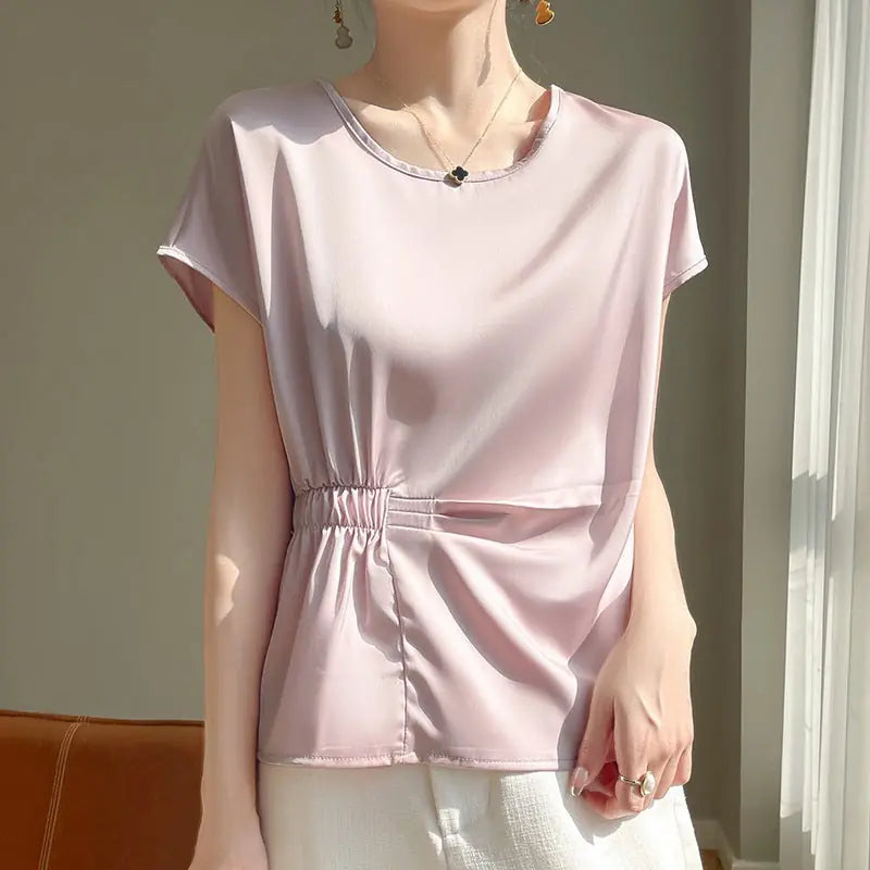 Crew-neck Simple All-match Drawstring Short-length Short-sleeve T-shirt M - size and dimension reference