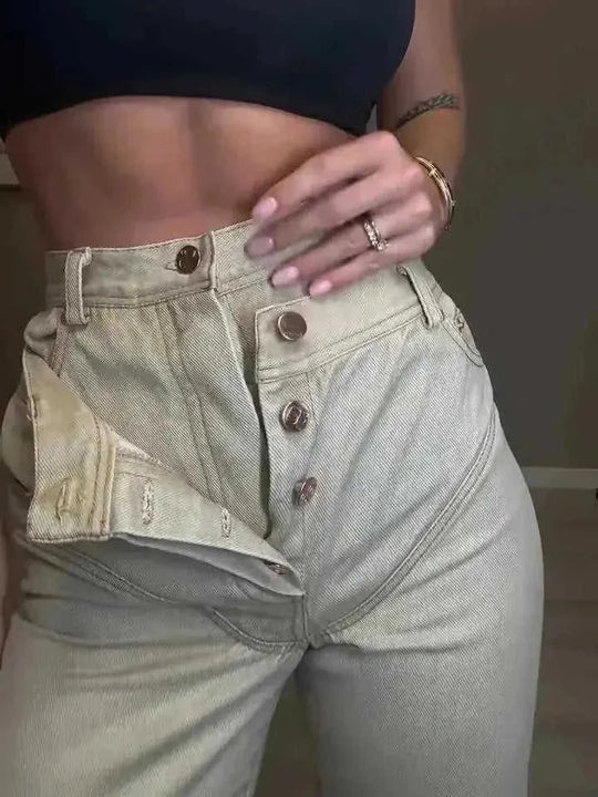 high-waisted denim jeans | double layer denim pants | stretchy mom jeans for women | energy saving