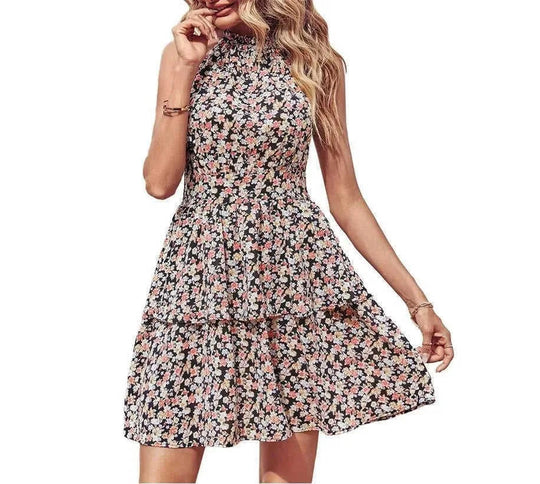 backless summer dress | boho printed halter dress | ruffle trim beach dress | energy saving
