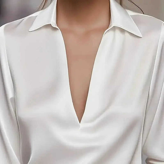 Elegant Women's V-Neck Long Sleeve Blouse With Satin Sheen Solid Color Formal Shirt For Spring Fall Meifu Market