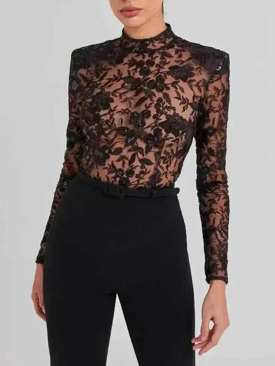 Black See-through Lace Long-sleeved Trousers Jumpsuit Black - reverse side showing construction
